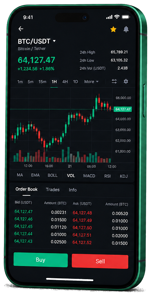 Application mobile Avenive Solvoral — graphique BTC/USDT en direct, carnet d’ordres et outils de trading